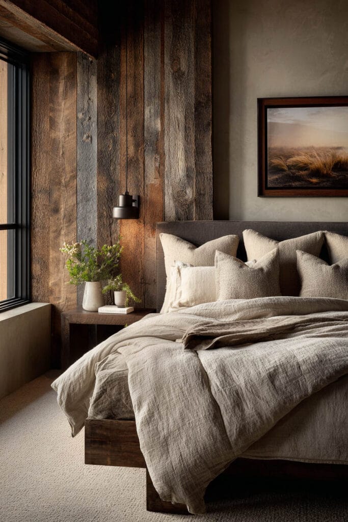 Organic modern bedroom with wood accent wall, linen bedding, neutral pillows, and warm natural textures.