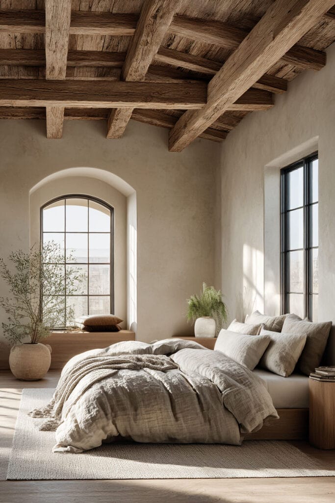 Organic modern bedroom with rustic wood beam ceiling, linen bedding, arched window, and warm natural sunlight.
