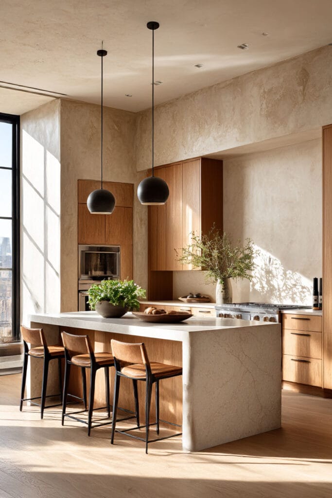 plaster wall kitchen with warm wood cabinets, stone island, pendant lighting, and organic modern kitchen design