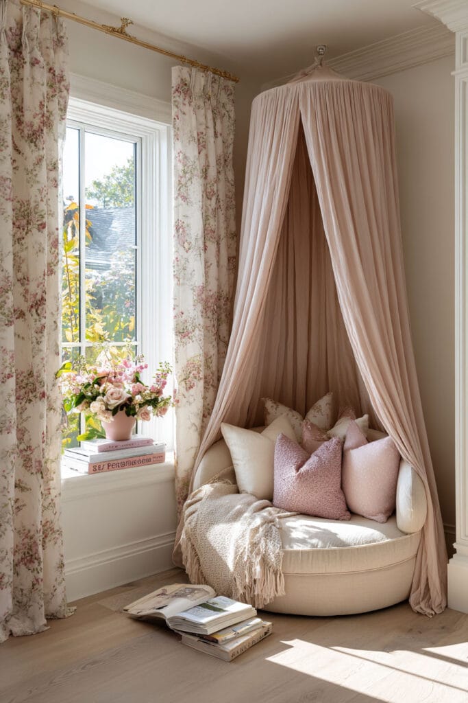 Princess-inspired little girl’s bedroom reading nook with blush canopy chair, floral curtains, cozy pillows, and books by a sunny window.