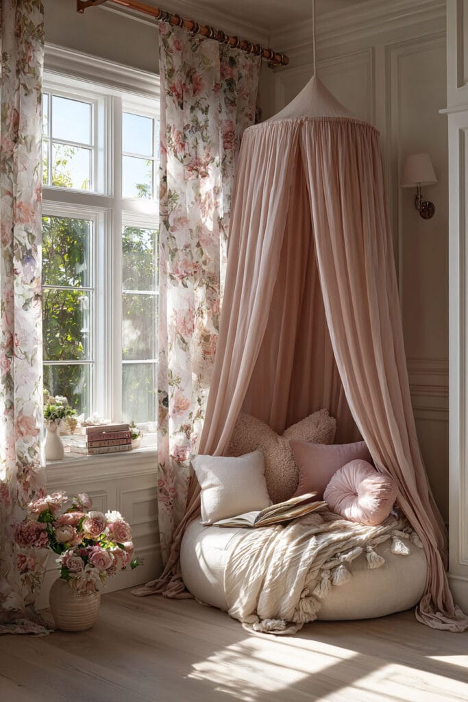 Princess-inspired little girls bedroom reading nook with blush canopy, round cushion seat, floral curtains, and soft natural sunlight.