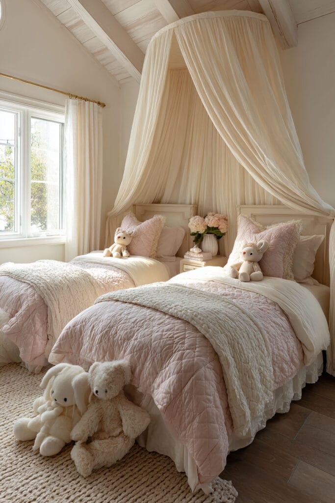 Shared little girls bedroom with twin beds, blush bedding, canopy drapes, plush toys, and soft princess-inspired decor.