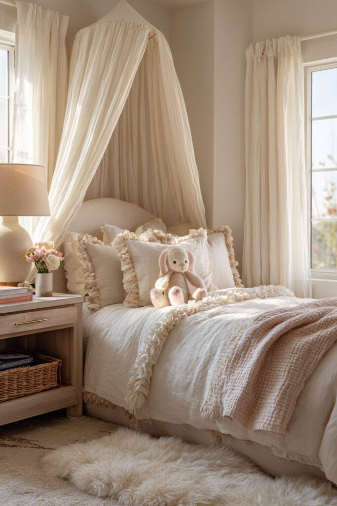 Cozy neutral little girls bedroom with cream canopy bed, ruffled bedding, plush bunny toy, wooden nightstand, and soft natural window light.