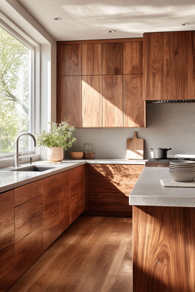 dark warm wood kitchen cabinets with walnut finish, modern minimalist kitchen with natural light, neutral backsplash and cozy organic design