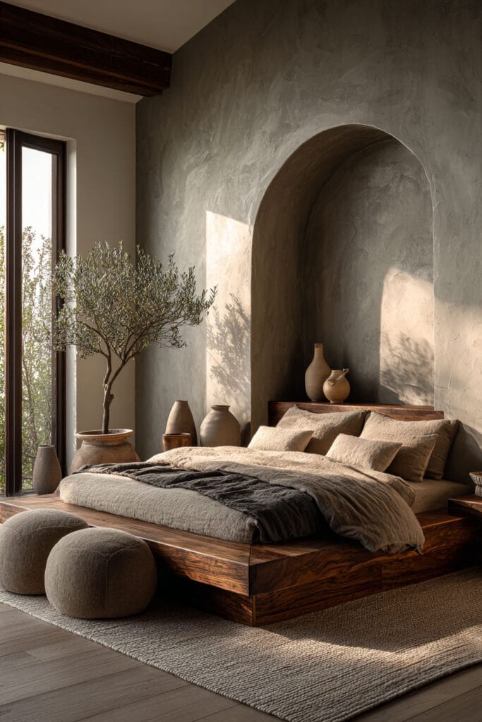 Japandi bedroom with dark wood platform bed, arched wall niche, earthy neutral bedding, olive tree, and textured plaster walls in warm natural light