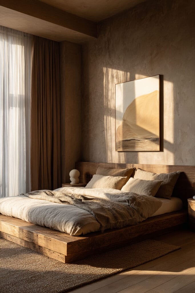 Japandi bedroom with low wood platform bed, warm neutral linen bedding, textured plaster walls, minimalist artwork, and soft natural sunlight