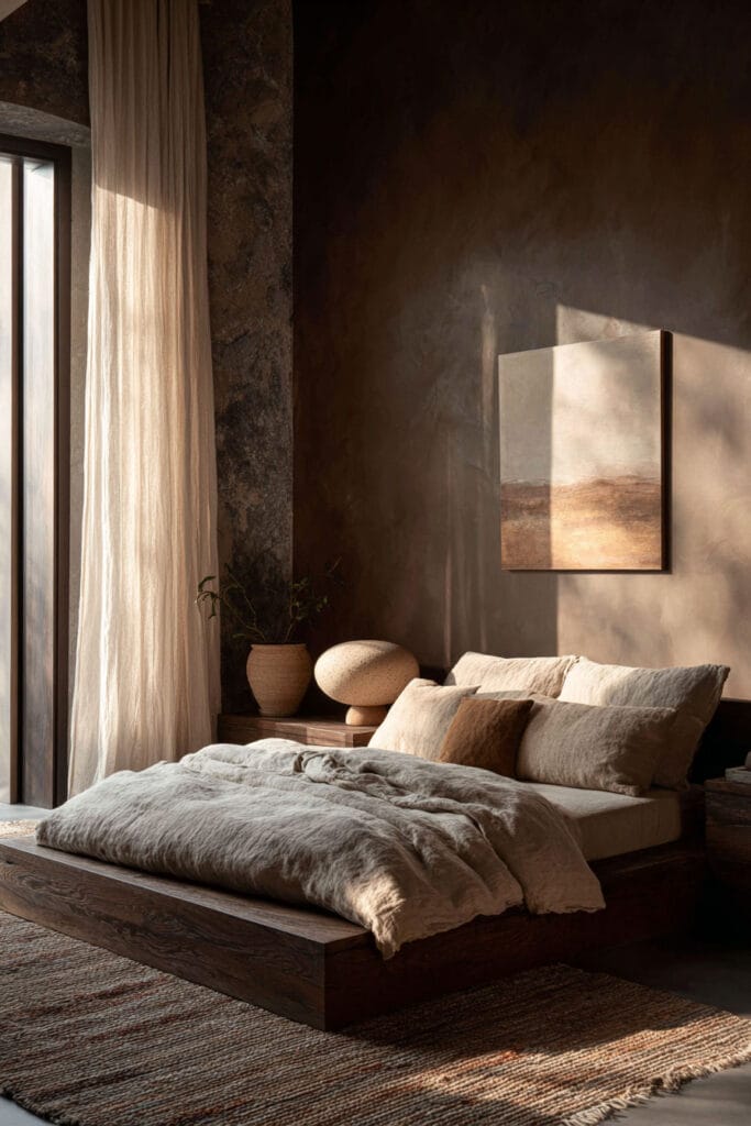 Japandi bedroom with low wood bed, neutral linen bedding, limewash wall, abstract art, and soft natural light