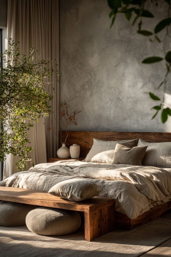 Japandi bedroom with warm neutral linen bedding, wood platform bed, plaster wall, olive tree, and soft natural window light