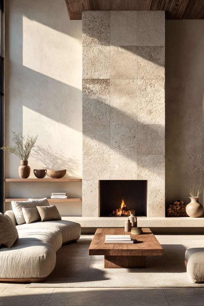 Organic modern living room with tall stone fireplace, wood coffee table, linen seating, and warm neutral decor highlighting natural materials.