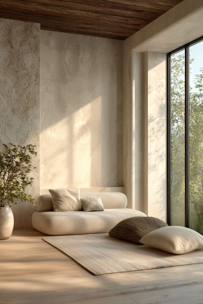 Organic modern living room with soft plaster walls, wood ceiling, neutral curved sofa, and warm natural sunlight highlighting earthy textures.