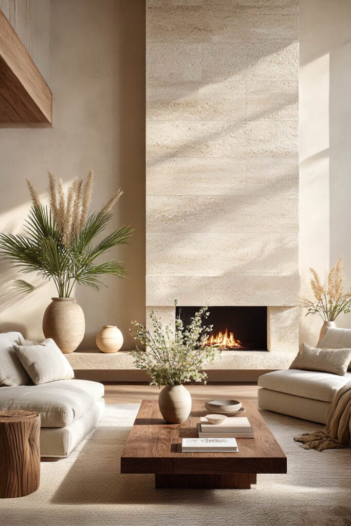 Organic modern living room with floor-to-ceiling stone fireplace, wood coffee table, linen seating, and warm neutral natural materials