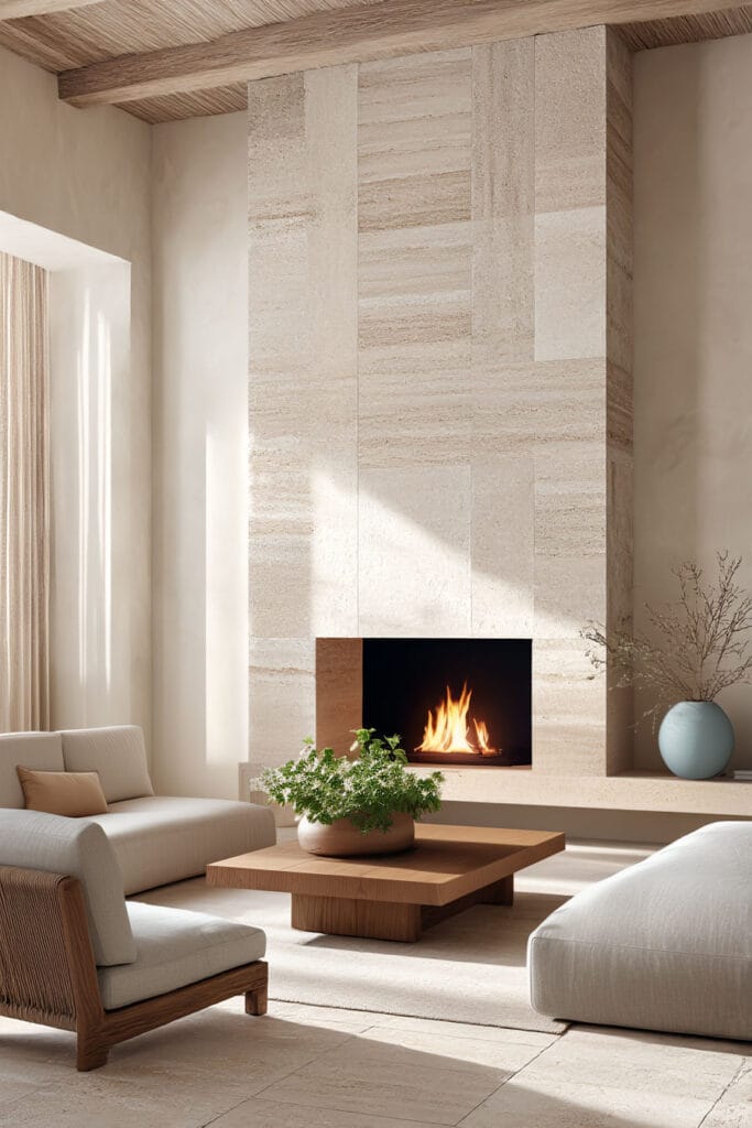 Organic modern living room with tall travertine stone fireplace, wood ceiling beams, neutral linen seating, and warm sunlight illuminating natural textures.