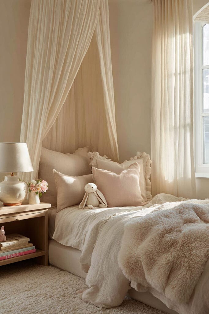Soft neutral little girl’s bedroom with sheer canopy bed, blush and cream bedding, plush bunny toy, and warm natural light by a window.