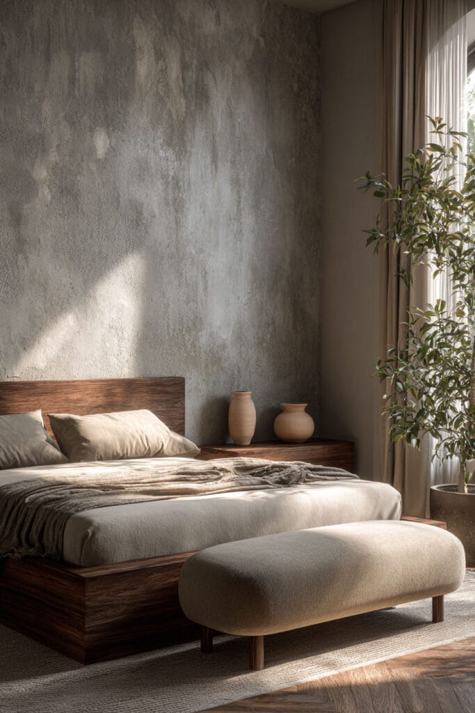 Warm Japandi bedroom with wooden platform bed, linen bedding, textured plaster wall, and olive tree in natural light