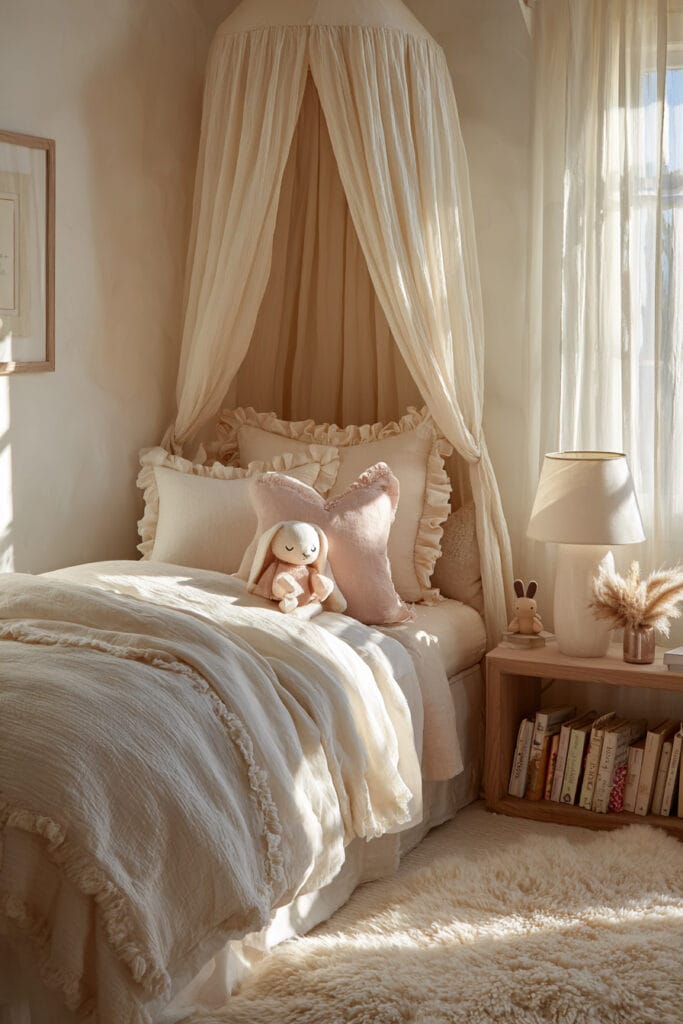 Warm neutral little girls bedroom with a soft canopy bed, ruffled pillows, plush bunny toy, wooden nightstand, and natural sunlight.