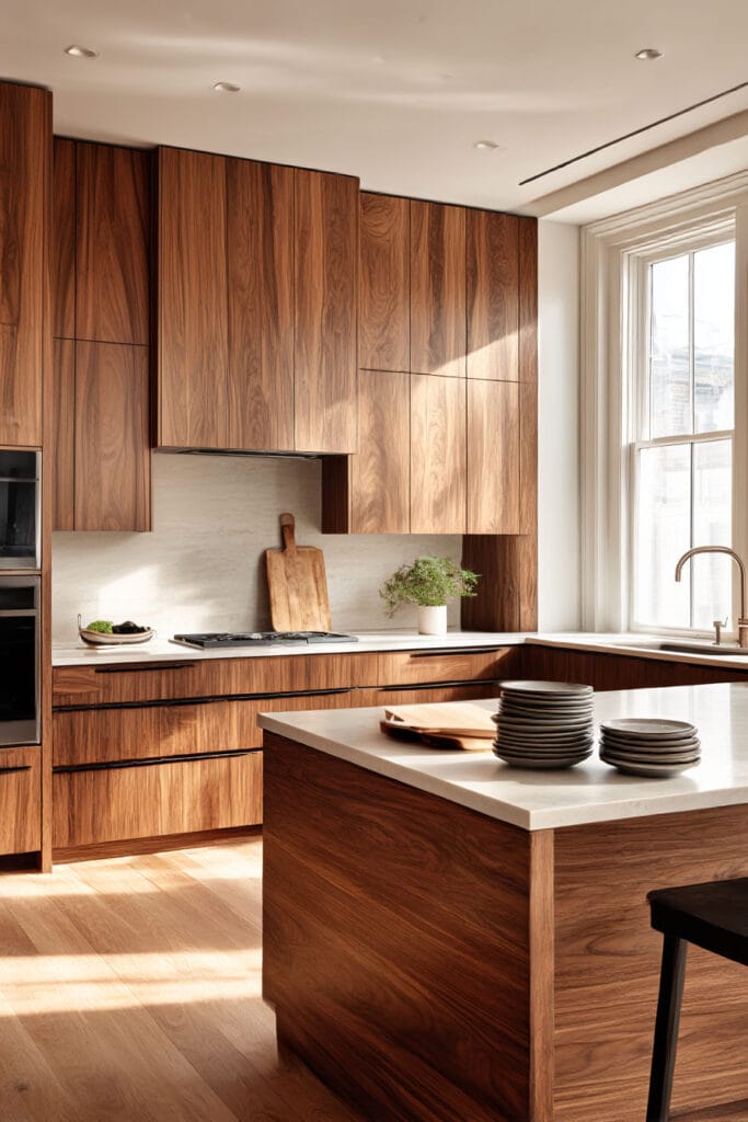 Warm walnut kitchen cabinets with stone countertops, modern island, and natural sunlight in a cozy organic modern kitchen