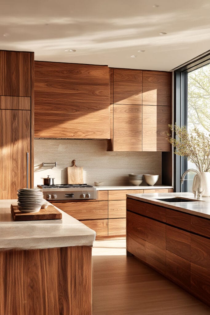 warm wood kitchen cabinets with natural stone countertops, organic modern kitchen design with rich wood tones and neutral finishes