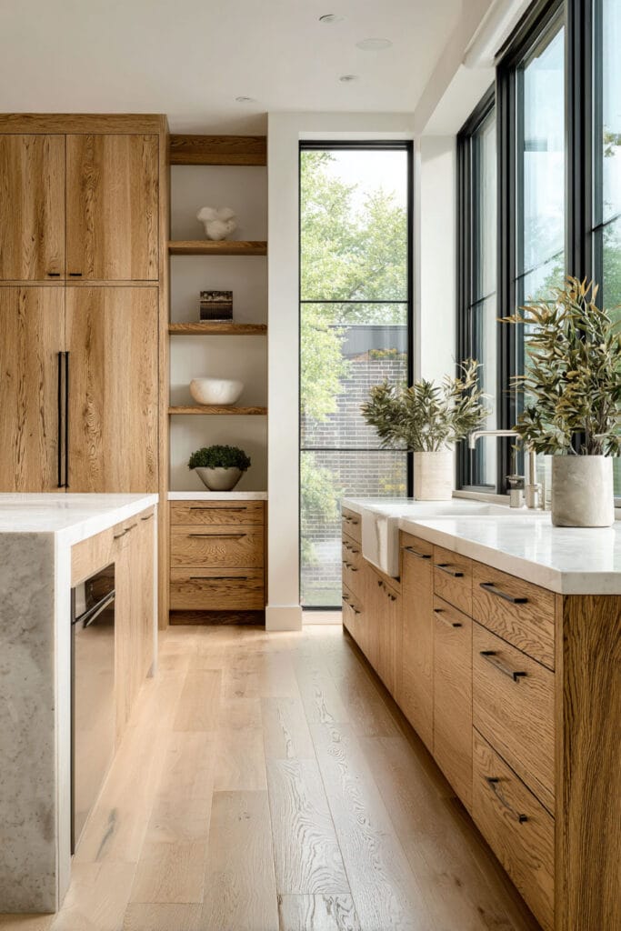warm wood kitchen cabinets with white countertops, open shelving, large windows, and bright organic modern kitchen design