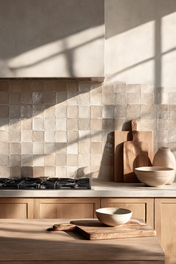 Neutral kitchen with small square tile backsplash, warm wood cabinets, and natural sunlight in a minimalist organic kitchen design