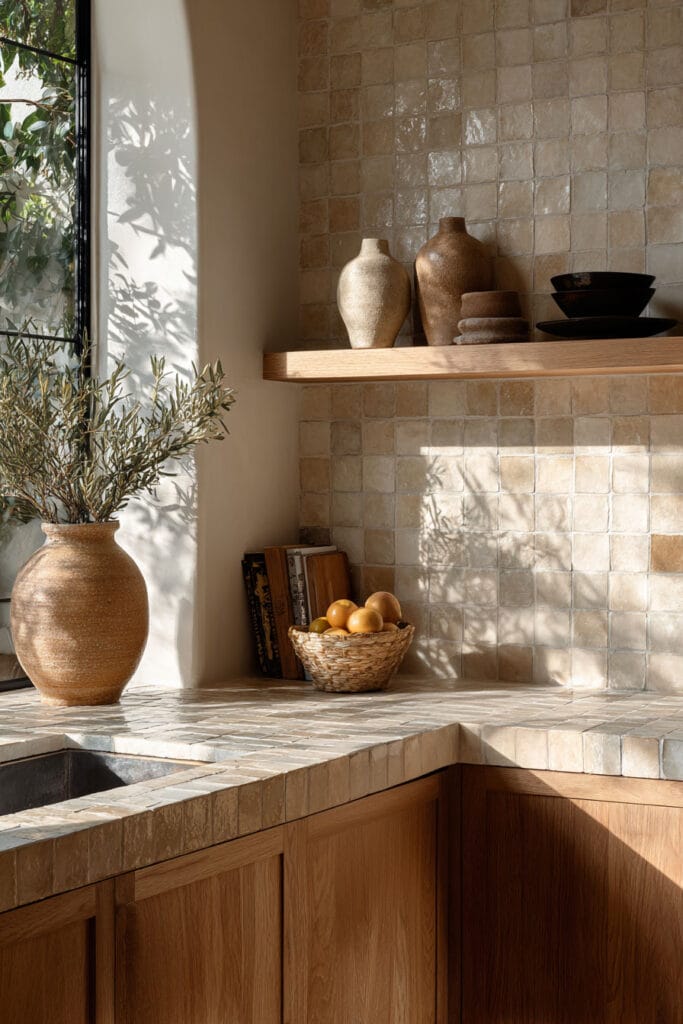 neutral kitchen with handmade tile backsplash warm wood cabinets and natural decor in organic modern style