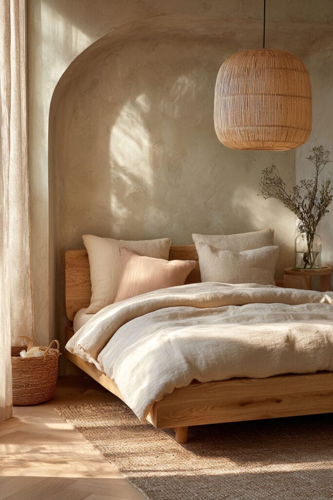 Japandi bedroom with light wood bed, soft neutral linen bedding, arched plaster wall, woven pendant light, and warm natural sunlight
