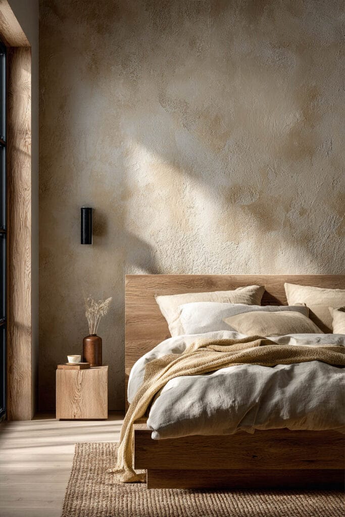 Japandi bedroom with light wood bed frame, neutral linen bedding, textured plaster wall, and warm natural sunlight