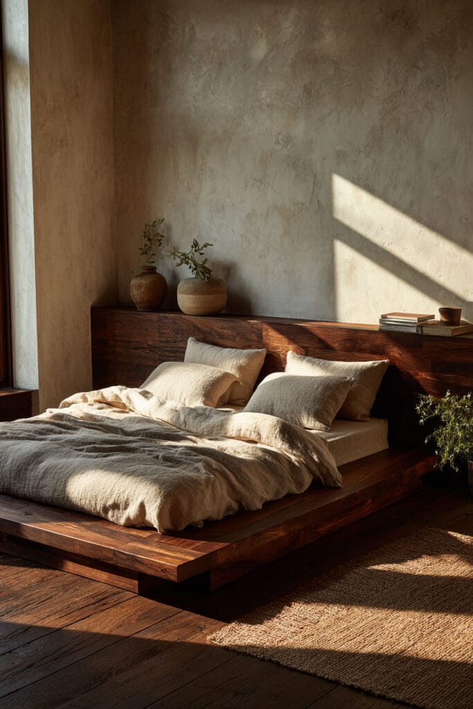 Japandi bedroom with low wooden platform bed, beige linen bedding, textured plaster wall, and warm natural sunlight