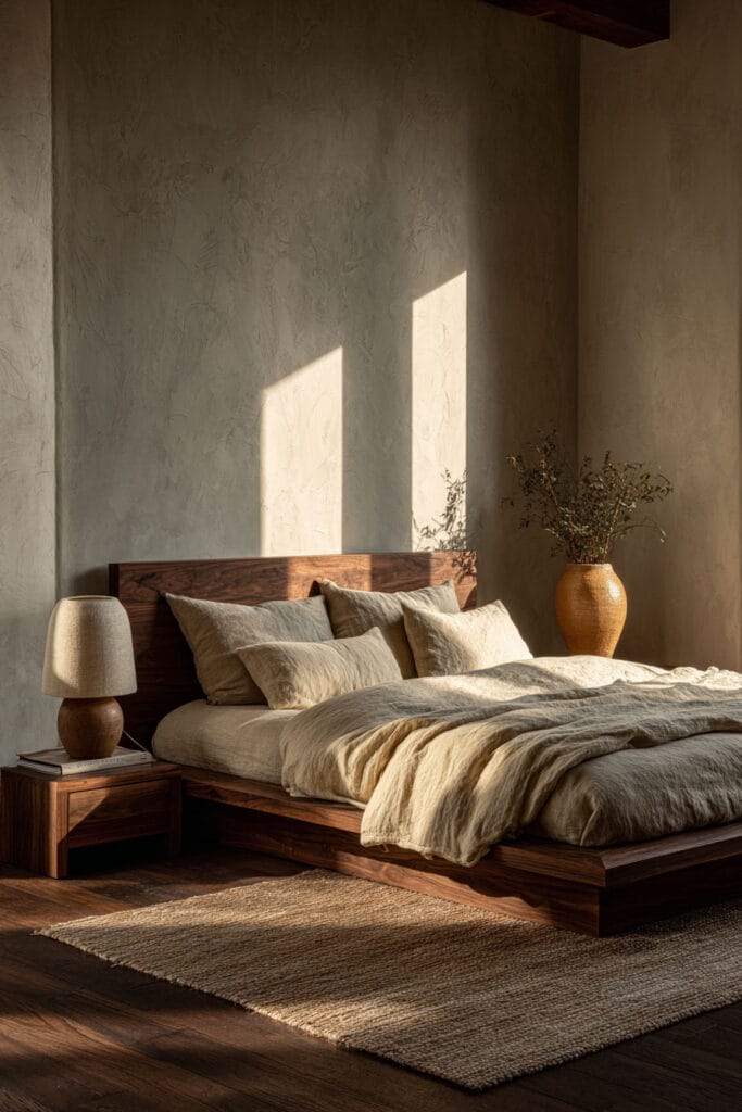 Japandi bedroom with warm wood platform bed, neutral linen bedding, textured plaster wall, and soft natural sunlight