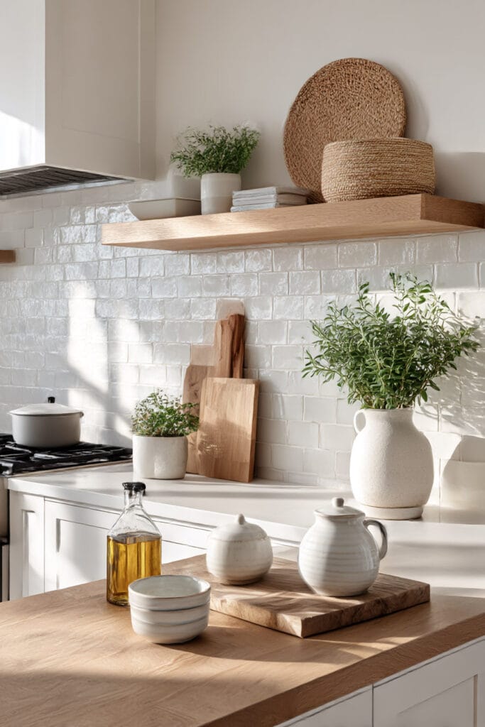 minimal kitchen backsplash with glossy white tile, warm wood accents, open shelving, and neutral kitchen styling