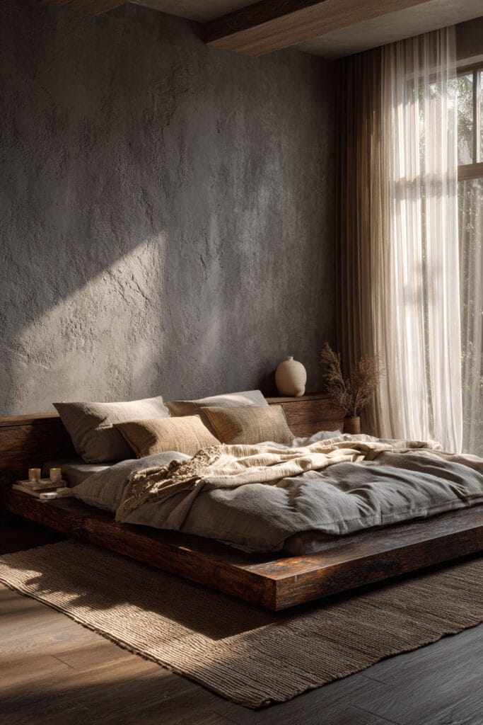 Moody Japandi bedroom with dark textured plaster wall, wood platform bed, neutral linen bedding, and soft natural light through curtains