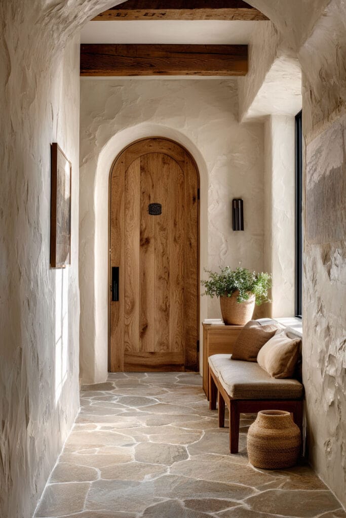 Natural materials entryway with arched wood door, stone floor, textured plaster walls, and wood bench seating