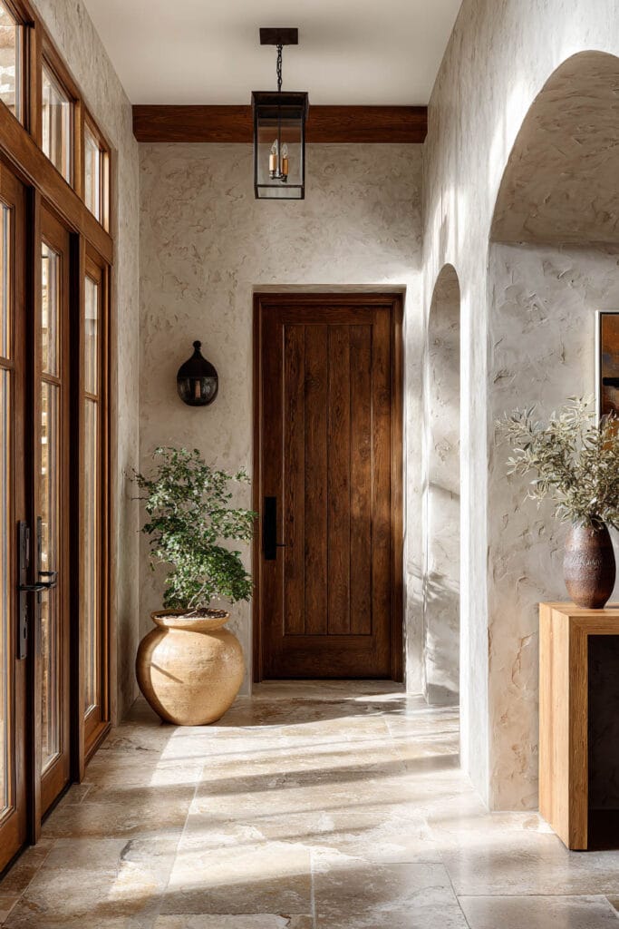 Natural materials entryway with wood front door, plaster walls, stone flooring, and earthy decor in an organic modern interior.