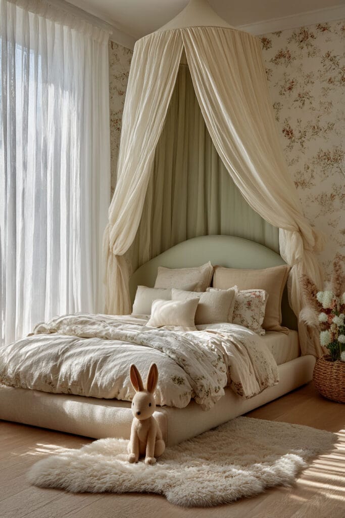 Nature-inspired little girl’s bedroom with canopy bed, floral wallpaper, soft neutral bedding, and bunny plush toy on a cozy rug.