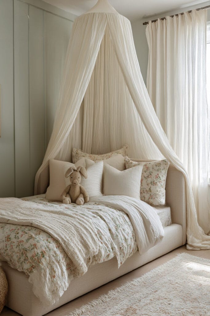 Nature-inspired little girls bedroom with canopy bed, floral bedding, soft neutral decor, and plush bunny toy.