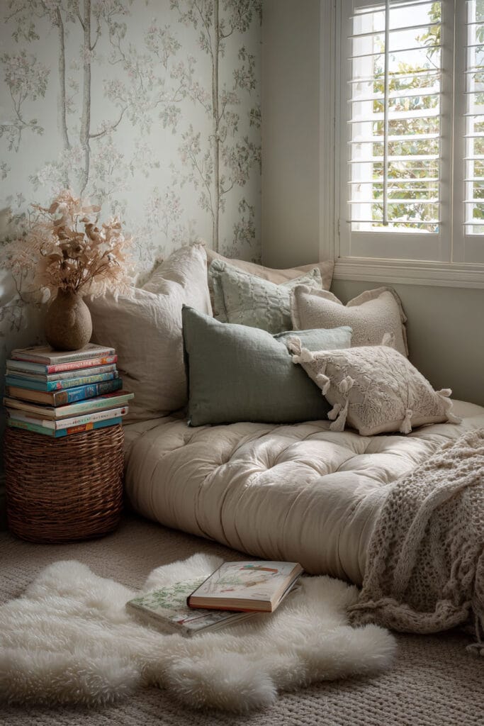 Nature-inspired little girls bedroom reading corner with floor cushion seating, botanical wallpaper, stacked books, and soft pillows.