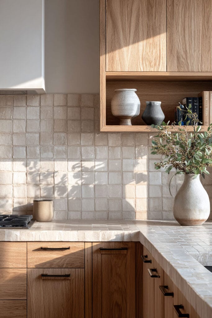 neutral handmade tile kitchen backsplash with warm wood cabinets, minimal backsplash design with natural textures