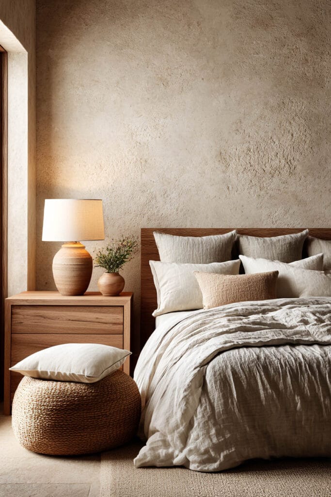 Organic modern bedroom with textured plaster wall, wood nightstand, linen bedding, ceramic lamp, and woven pouf.