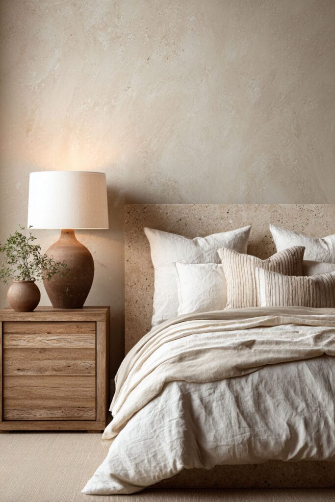 Organic modern bedroom with travertine headboard, neutral linen bedding, wood nightstand, and earthy ceramic lamp.