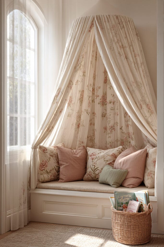 Nature-inspired little girls bedroom reading nook with floral canopy curtains, window seat, soft pillows, and basket of children's books.
