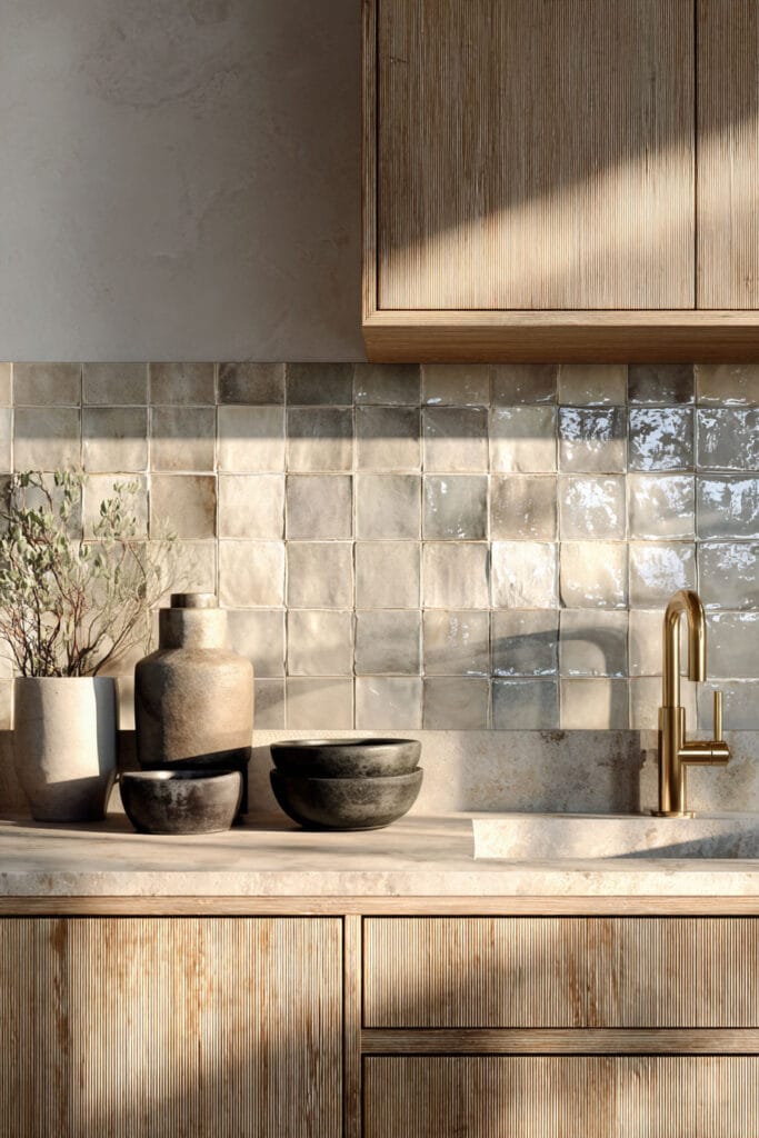 Neutral kitchen with glossy square tile backsplash, fluted wood cabinets, brass faucet, and natural sunlight in a modern organic kitchen