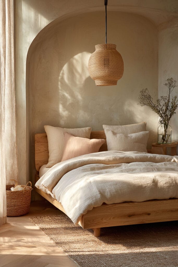 Japandi bedroom with arched wall niche, rattan pendant light, light wood bed, and soft linen bedding in warm natural sunlight