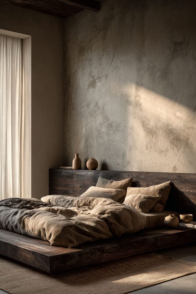 Japandi bedroom with dark wood platform bed, earthy linen bedding, textured plaster wall, and warm natural sunlight