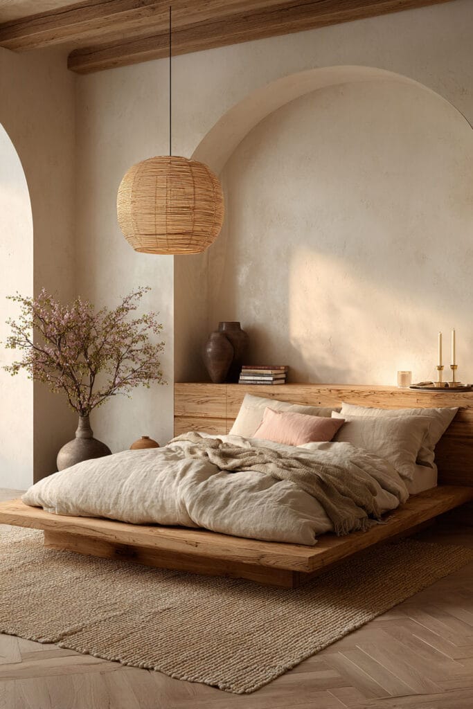 Japandi bedroom with light wood platform bed, arched plaster wall, woven pendant light, neutral linen bedding, and warm natural sunlight