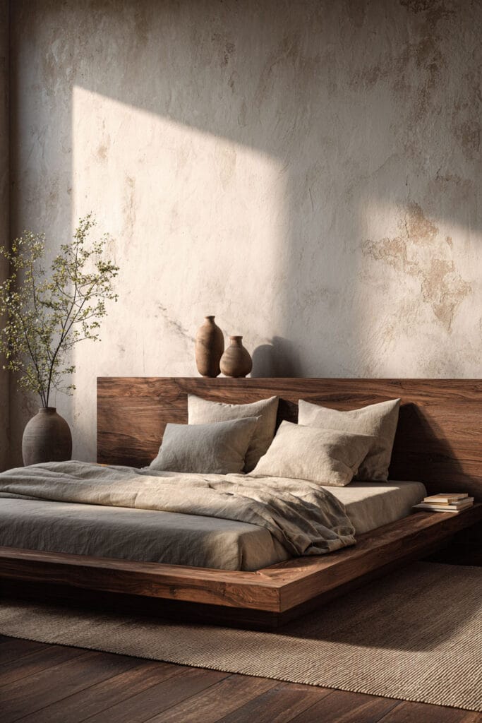 Japandi bedroom with wood platform bed, textured plaster wall, neutral linen bedding, and minimalist pottery decor