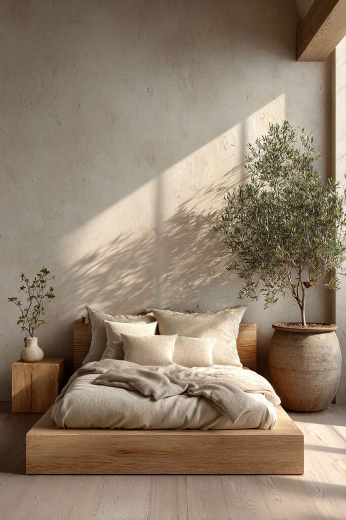 Light Japandi bedroom with natural wood platform bed, neutral linen bedding, olive tree in ceramic pot, and soft sunlight shadows