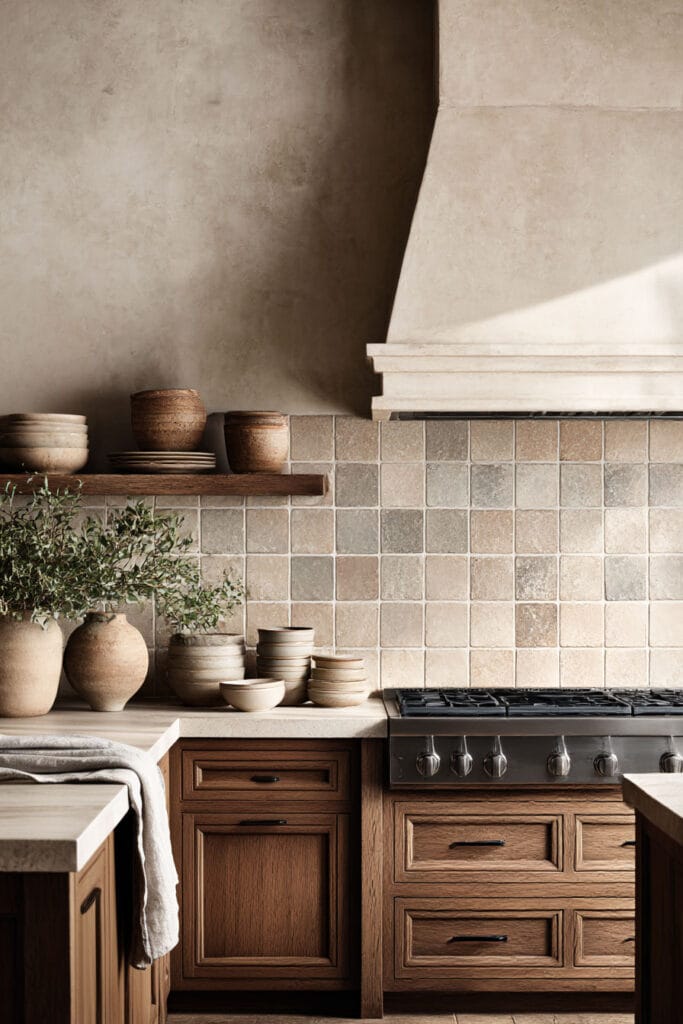 minimal kitchen backsplash with neutral tile, warm wood cabinets, and earthy decor in a cozy organic modern kitchen design