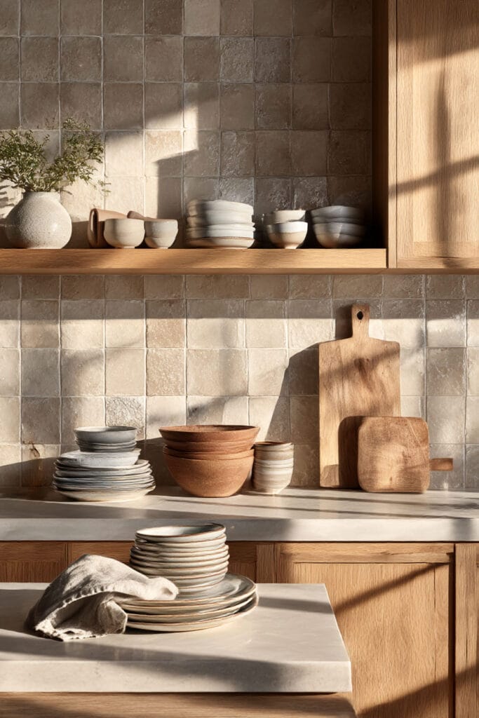 minimal kitchen backsplash with textured neutral tile, warm wood cabinets, open shelving, and organic modern kitchen styling