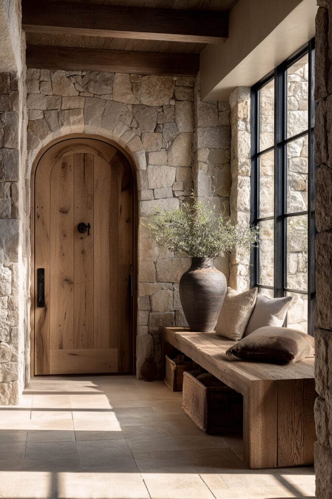 Natural materials entryway with stone walls, arched wood door, wood bench seating, and warm organic decor