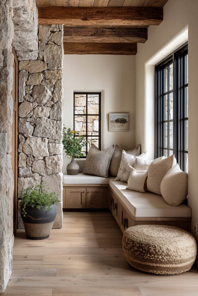 Natural materials entryway with stone wall, wood ceiling beams, built-in bench seating, and neutral linen pillows in an organic modern home.