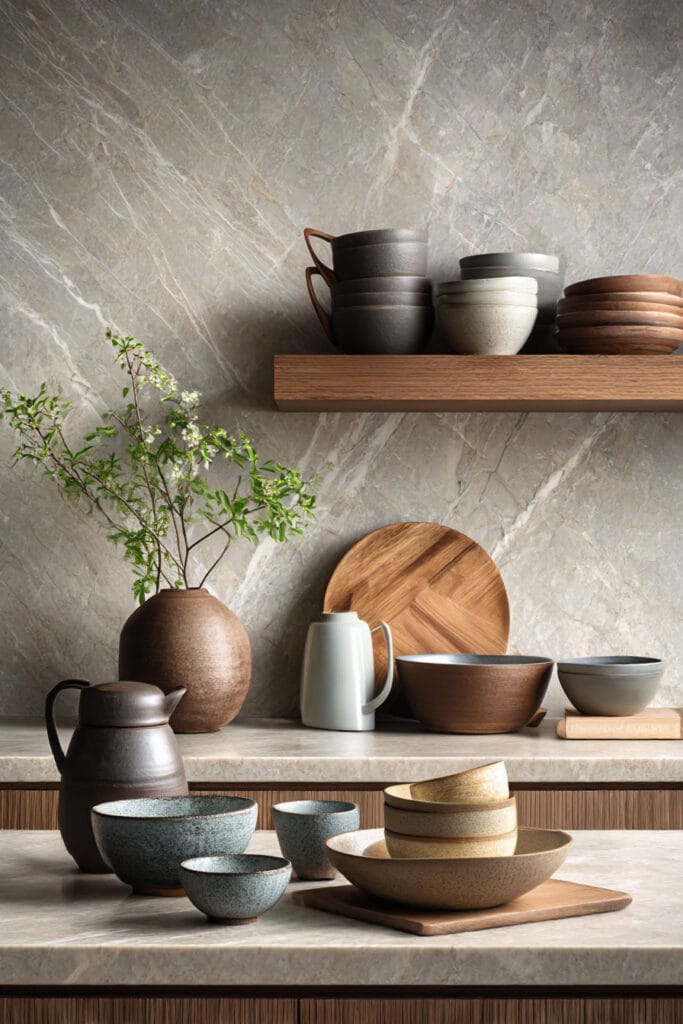 natural stone backsplash with open shelving and neutral ceramics in organic modern kitchen design